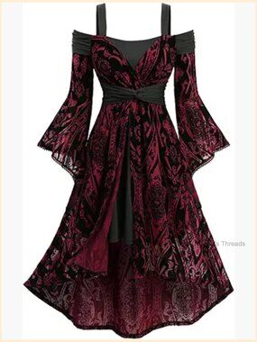 Plus Size Renaissance Costume Medieval Goth Cold Shoulder Dress Long Sleeve Midi